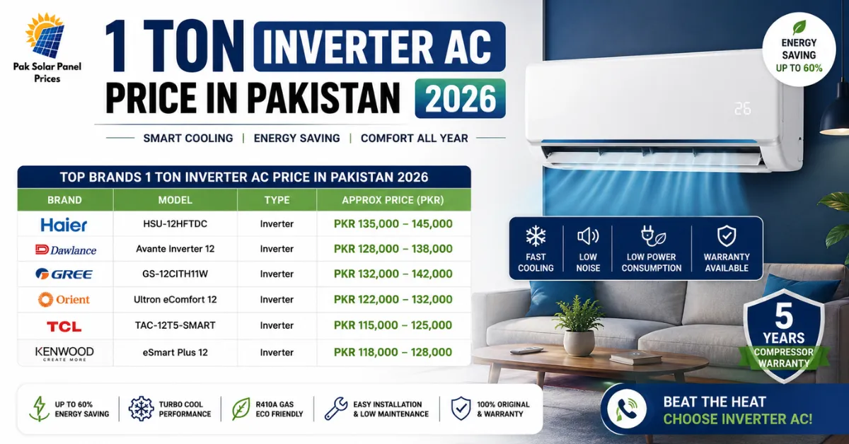 1 Ton Inverter AC price in Pakistan 2026 with Haier, Gree, Dawlance, Orient, TCL and Kenwood latest price list.