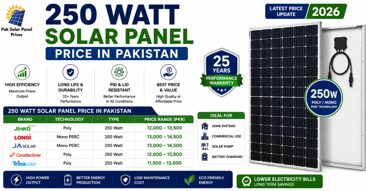 250 Watt solar panel price in Pakistan 2026 with latest brand-wise price list.