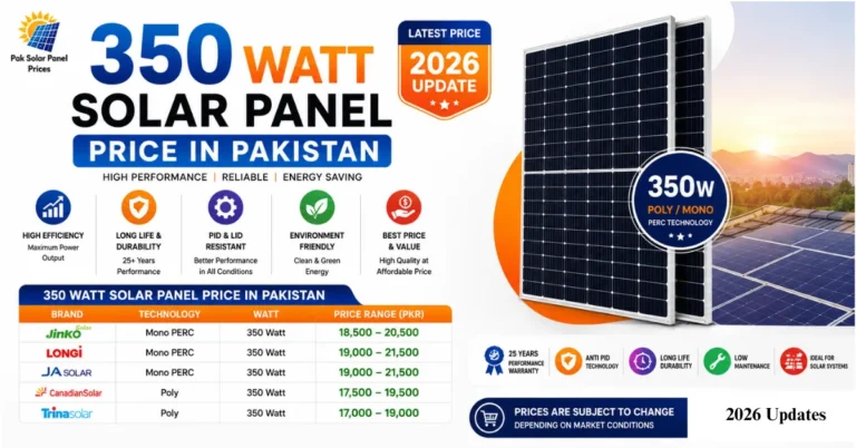 350 Watt solar panel price in Pakistan 2026 for Jinko, Longi, JA Solar, Canadian Solar and Trina Solar.