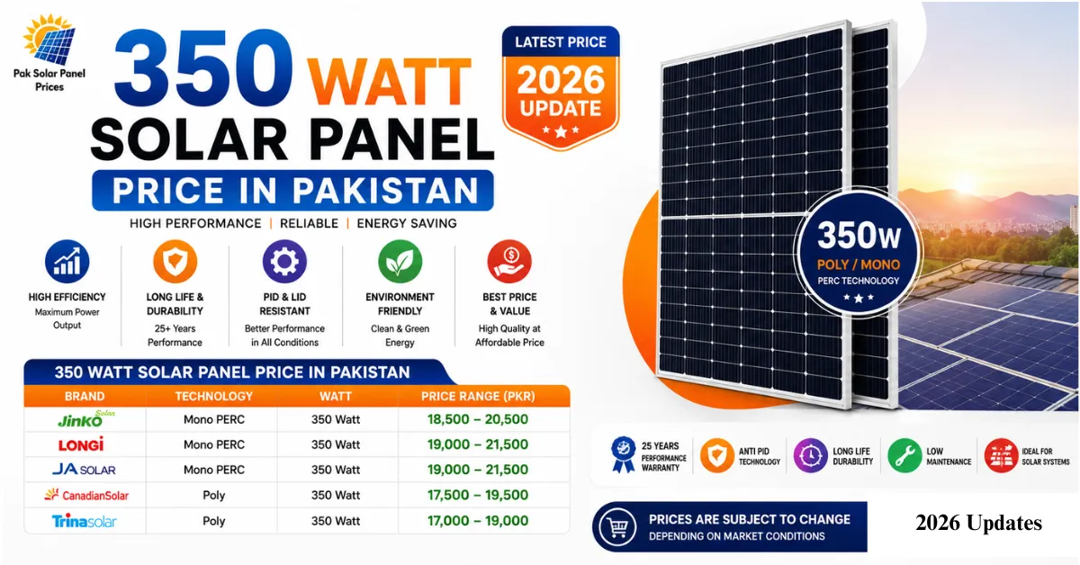 350 Watt solar panel price in Pakistan 2026 for Jinko, Longi, JA Solar, Canadian Solar and Trina Solar.