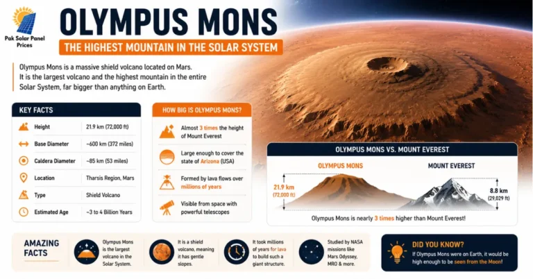 Olympus Mons on Mars - the highest mountain and largest volcano in the Solar System infographic