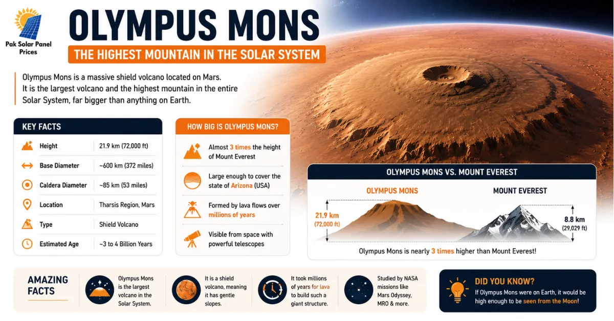 Olympus Mons on Mars - the highest mountain and largest volcano in the Solar System infographic