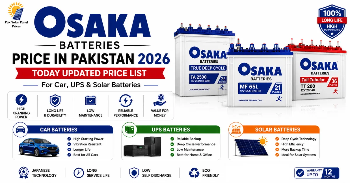 Osaka battery price in Pakistan 2026 for car, UPS and solar batteries.