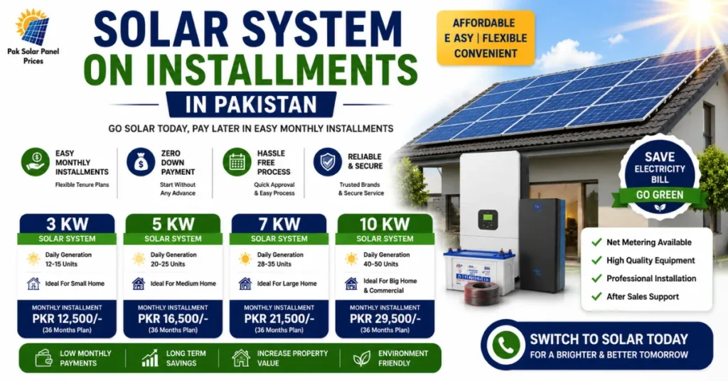 Solar system installment plans in Pakistan with monthly payments and net metering support.