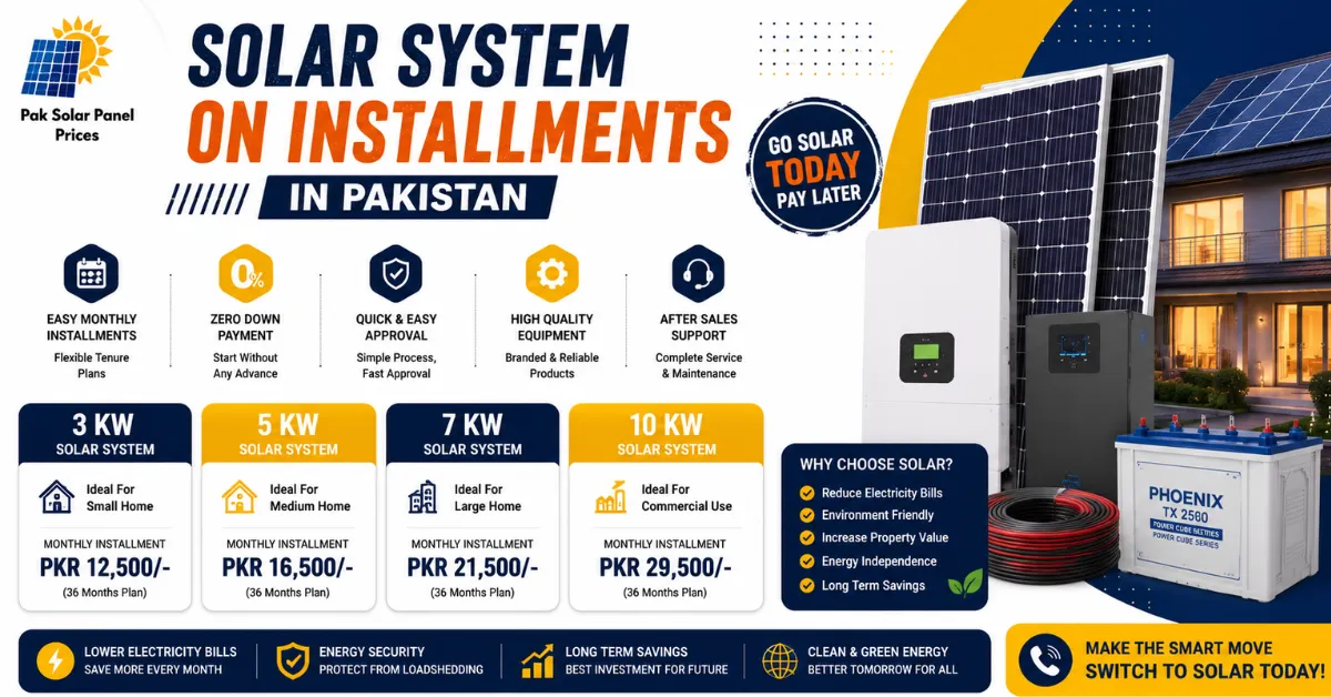 Solar system on installments in Pakistan with 3kW, 5kW, 7kW and 10kW monthly payment plans.