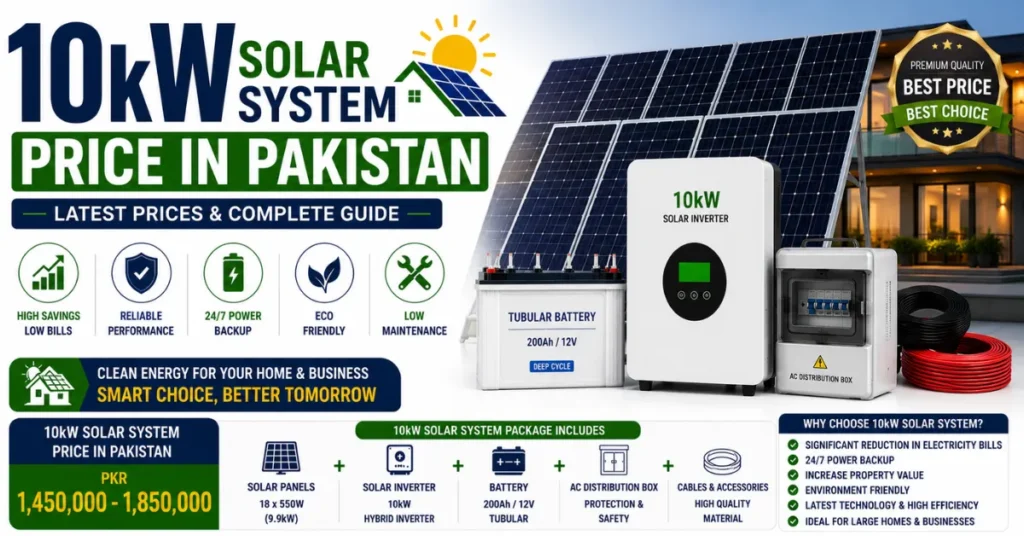10kW solar system price in Pakistan including inverter, battery and solar panels.