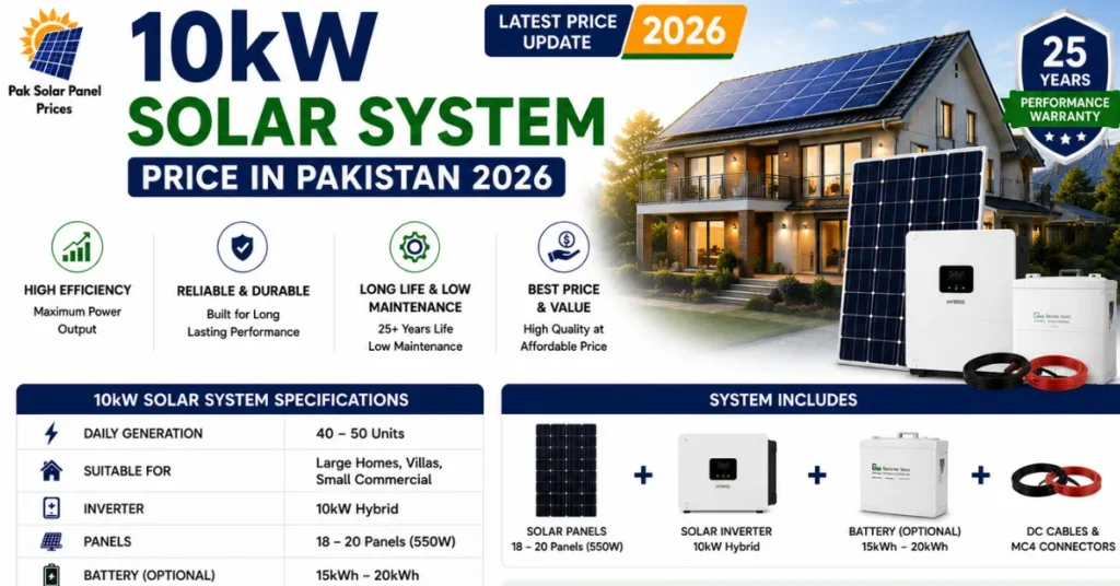 10kW solar system price in Pakistan 2026 with hybrid inverter, battery storage and complete installation