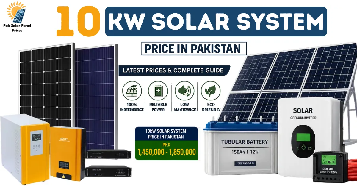 10kW solar system price in Pakistan with solar panels, hybrid inverter, batteries and complete installation package
