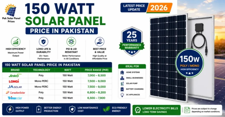 150 watt solar panel price in Pakistan 2026 with latest Jinko, LONGi, JA Solar, Canadian Solar and Trina prices