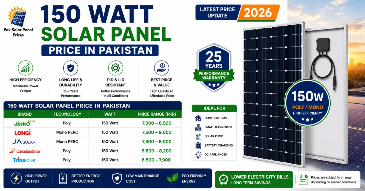 150 watt solar panel price in Pakistan 2026 with latest Jinko, LONGi, JA Solar, Canadian Solar and Trina prices