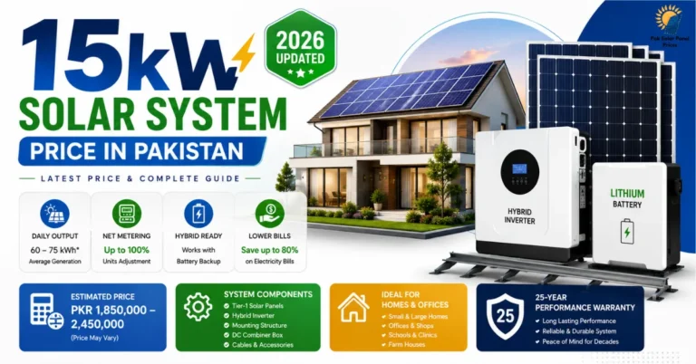 15kW solar system package price in Pakistan with hybrid inverter and lithium battery.