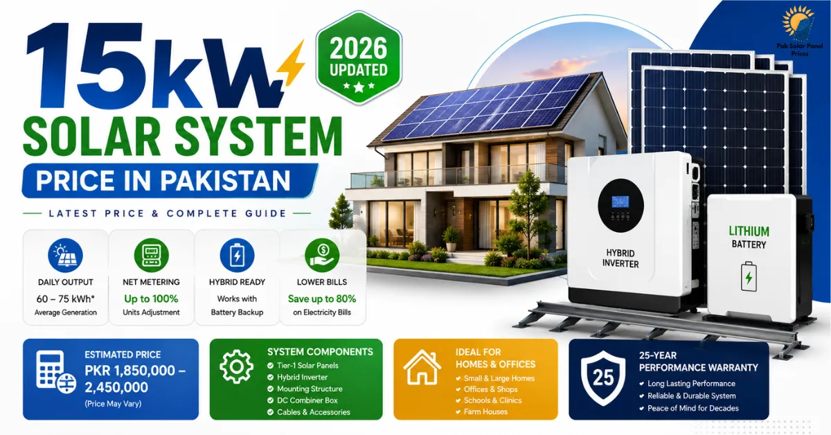 15kW solar system package price in Pakistan with hybrid inverter and lithium battery.