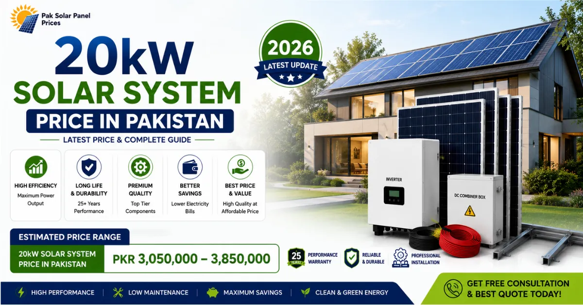 20kW solar system price in Pakistan with inverter, combiner box and solar panels.