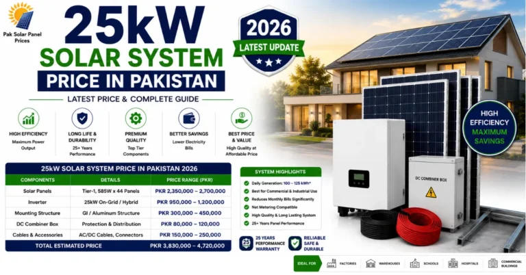 25kW solar system price in Pakistan with commercial inverter and Tier-1 solar panels.