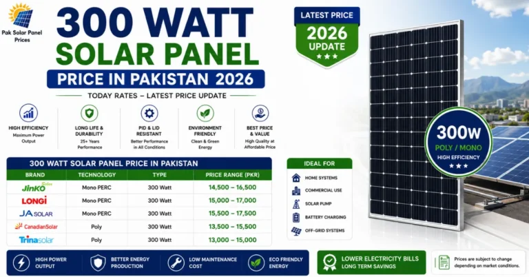 300 Watt Solar Panel Price in Pakistan 2026 latest price list for Jinko, Longi, JA Solar, Canadian Solar and Trina Solar panels.