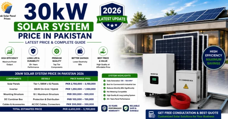 30kW solar system price in Pakistan with hybrid inverter and commercial solar panels.