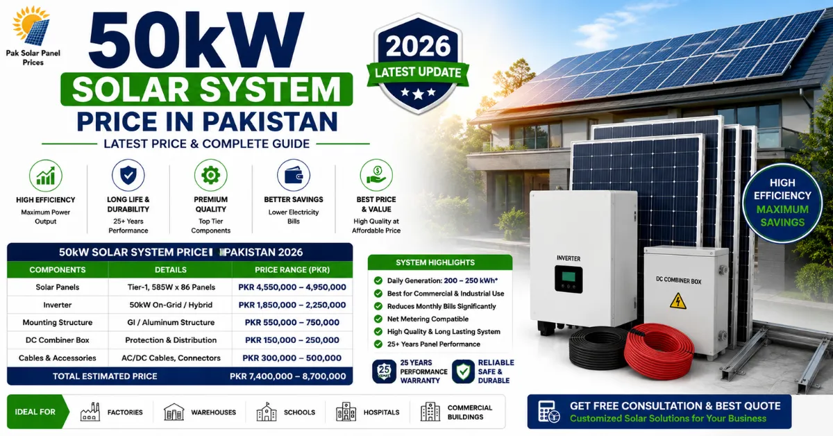 Large commercial 50kW solar installation package in Pakistan.