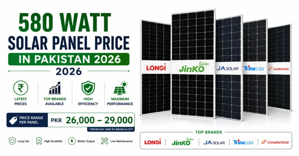 580 watt solar panel price in Pakistan 2026 featuring LONGi, Jinko Solar, JA Solar, Trina Solar, and Canadian Solar with updated market prices.