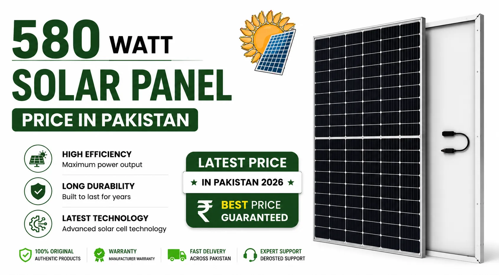 580 Watt Solar Panel Price in Pakistan 2026 featuring a high-efficiency solar panel with latest price information.