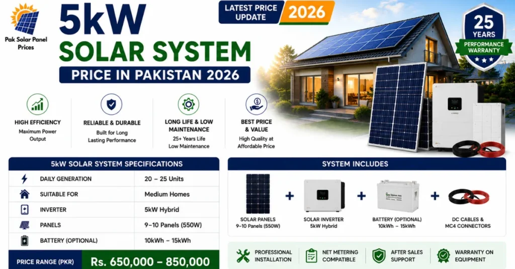 5kW solar system price in Pakistan 2026 with complete hybrid solar setup and battery option