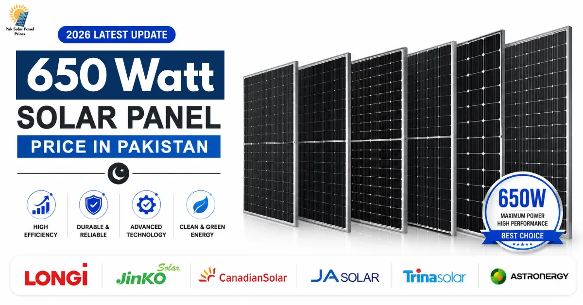 650 watt solar panel price in Pakistan 2026 featuring LONGi, Jinko, JA Solar, Canadian Solar, Trina Solar, and AstroEnergy