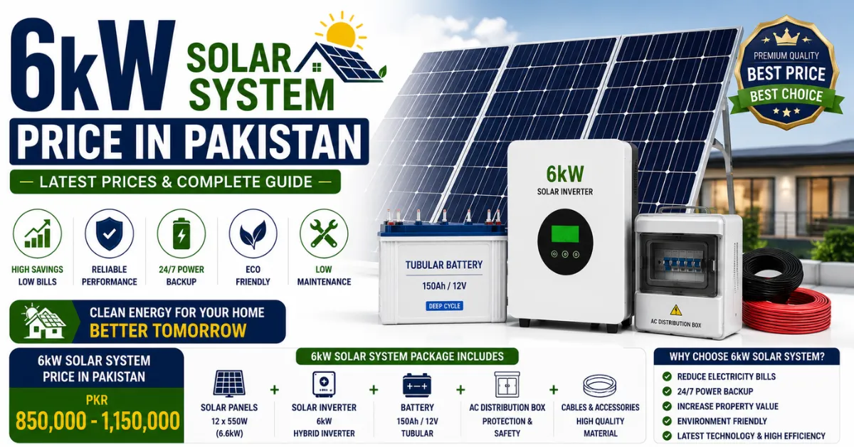 6kW solar system price in Pakistan with hybrid inverter, tubular battery and solar panels.