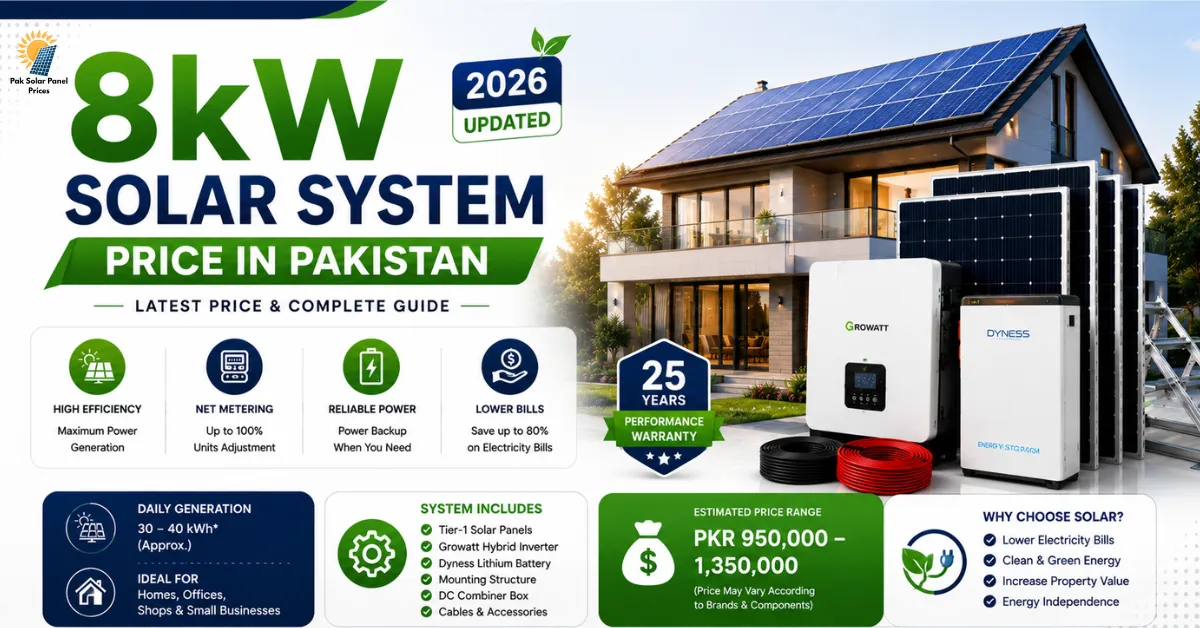 8kW solar system price in Pakistan with Growatt inverter and Dyness lithium battery.