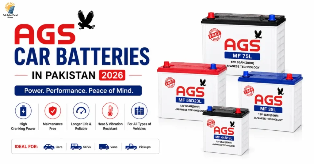 AGS car batteries in Pakistan 2026 including MF35L, MF44B19L, MF55D23L and MF75L maintenance-free batteries
