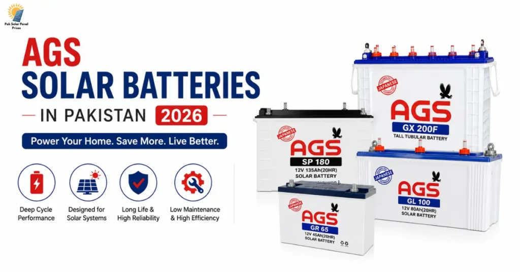 AGS solar batteries in Pakistan 2026 including GX200F, SP180, GL100, and GR65 solar battery models