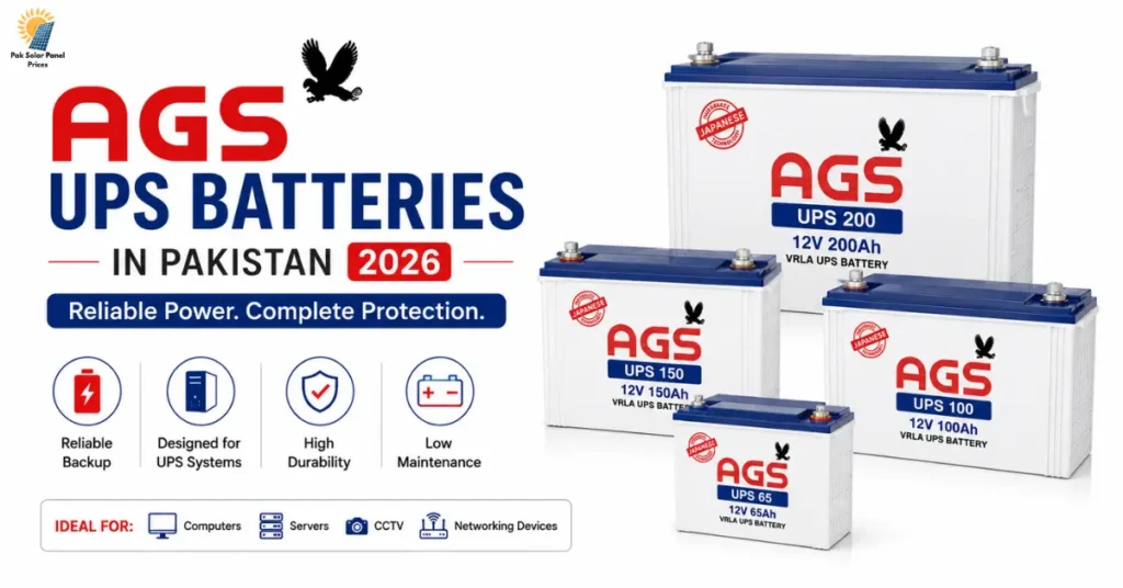 AGS UPS batteries in Pakistan 2026 including UPS65, UPS100, UPS150, and UPS200 batteries