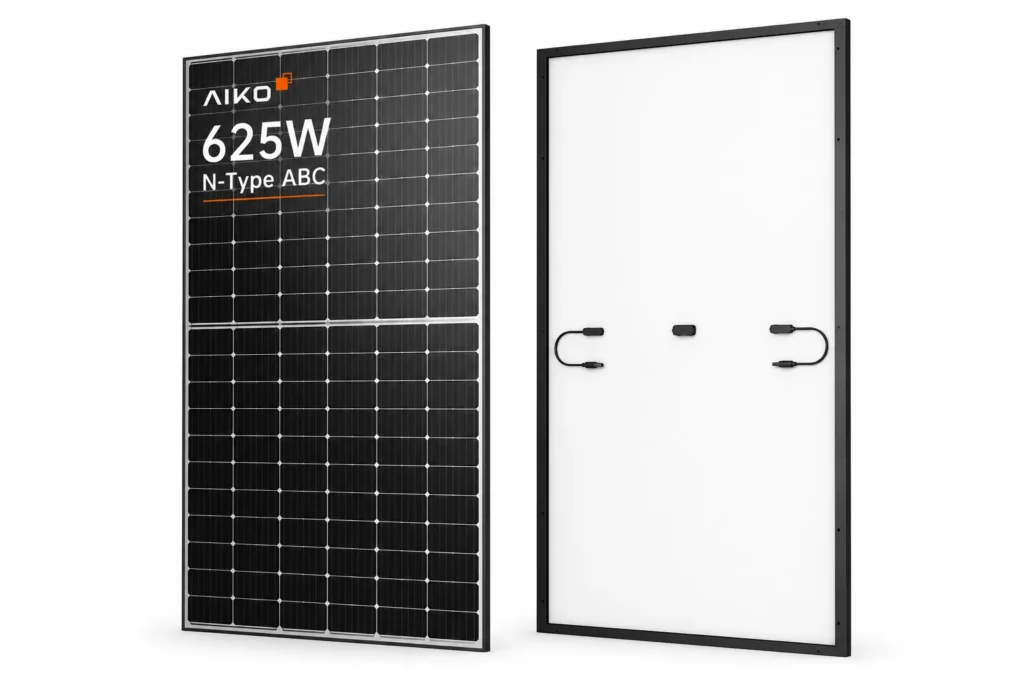 AIKO 625W N-Type ABC solar panel front and rear view