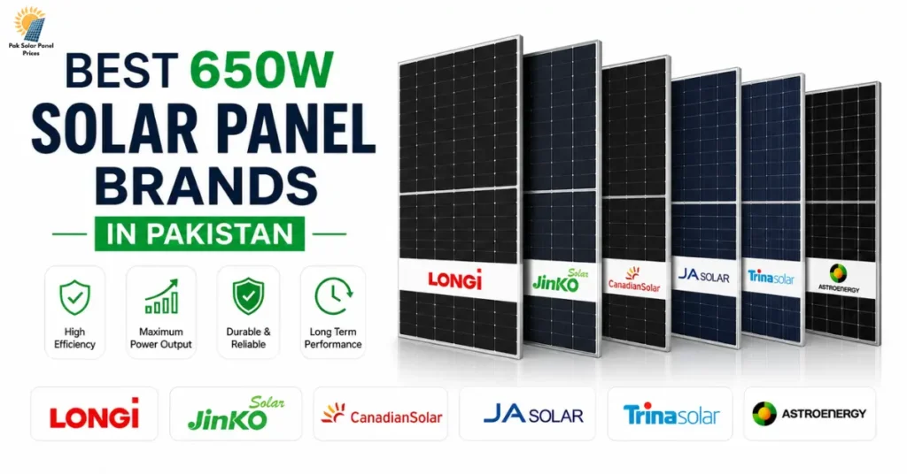 Best 650W solar panel brands in Pakistan including LONGi, Jinko Solar, Canadian Solar, JA Solar, Trina Solar, and AstroEnergy