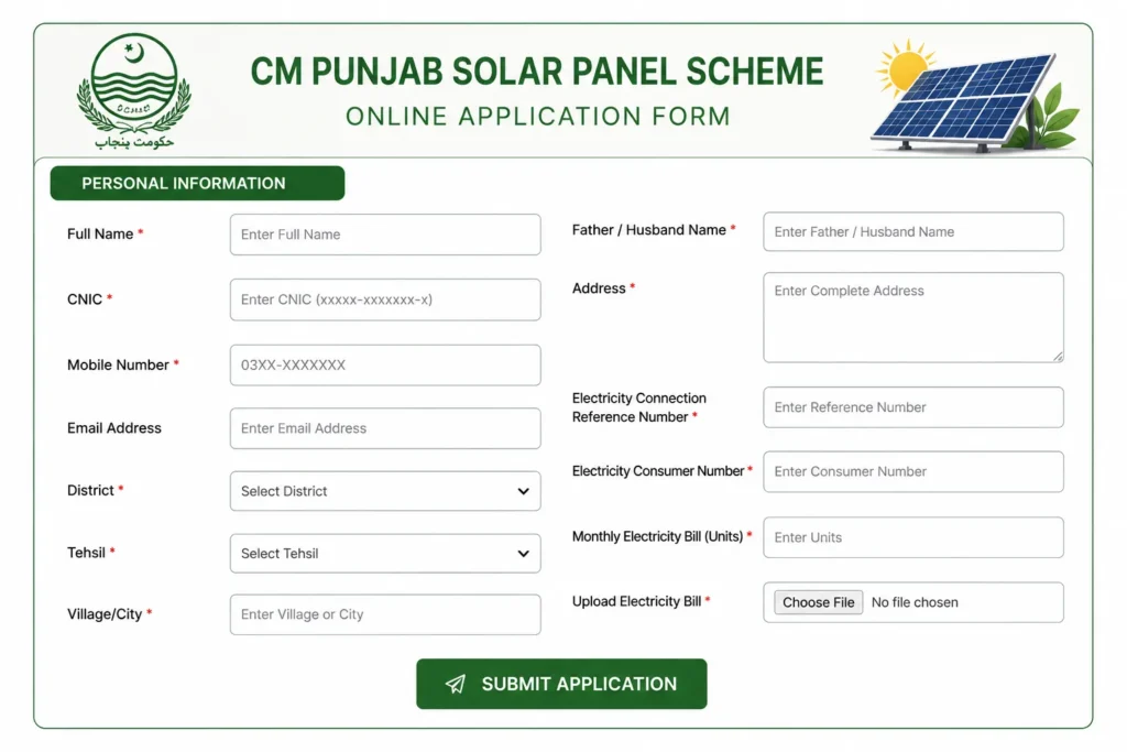 CM Punjab Solar Panel Scheme online application form with registration details