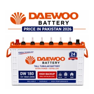 Daewoo Battery Price in Pakistan 2026, Daewoo tall tubular battery 180Ah, solar battery for home, UPS battery Pakistan