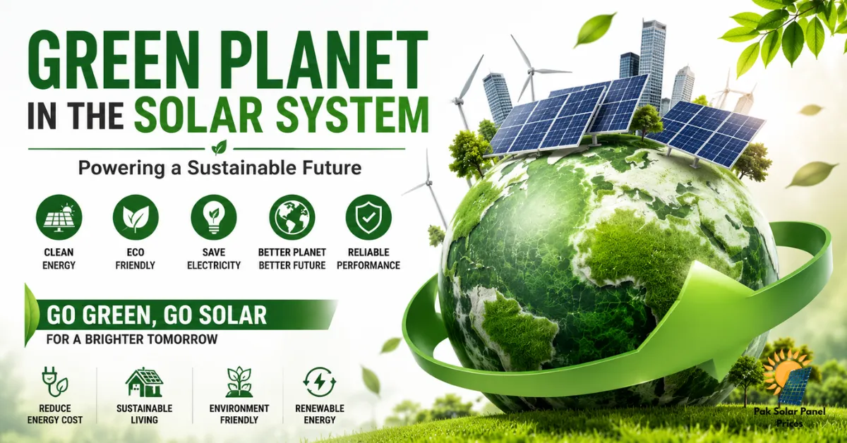 Green planet powered by solar panels promoting renewable energy and sustainability.