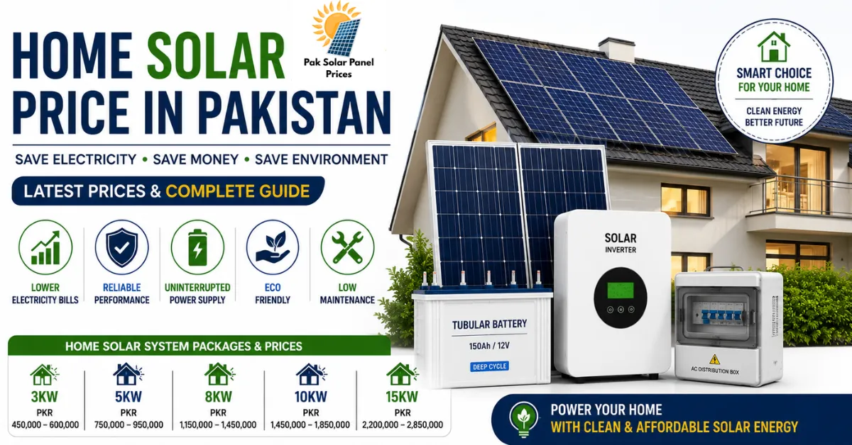 Home Solar System Price in Pakistan 2026 with latest 3kW, 5kW, 8kW, 10kW and 15kW solar system package prices.