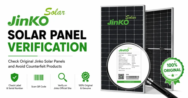 Jinko Solar Panel Verification Guide showing QR code, serial number check, and original Jinko solar panel authentication in Pakistan.