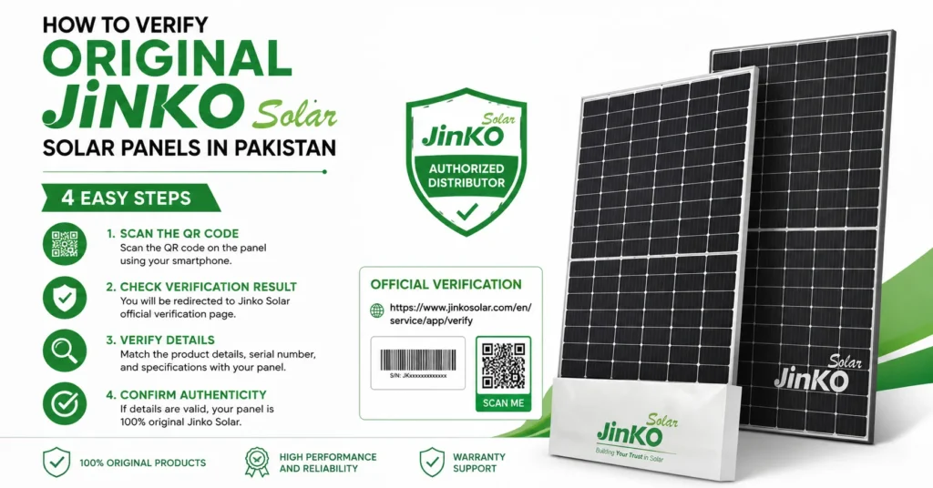 How to verify original Jinko Solar panels in Pakistan using QR code, serial number, and official verification process.