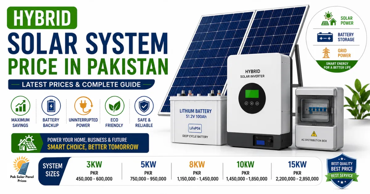 Hybrid Solar System Price in Pakistan 2026 with latest 3kW, 5kW, 8kW, 10kW and 15kW hybrid solar package prices.