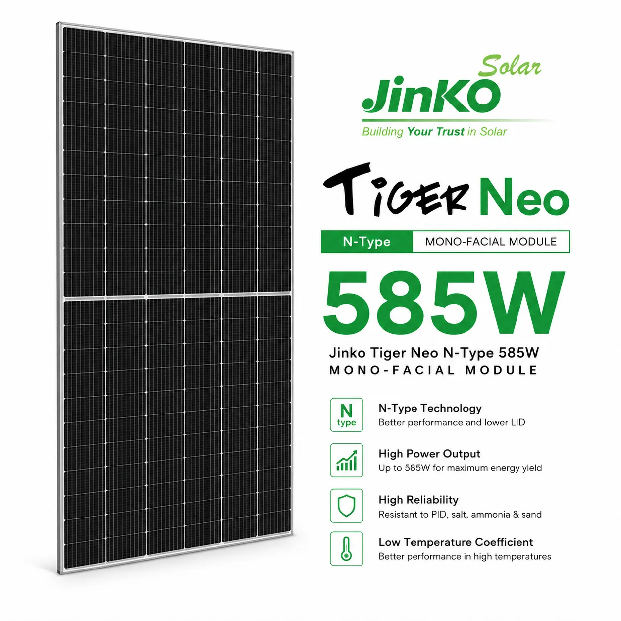 Jinko Tiger Neo N-Type 585W mono solar panel product image with white background for online store in Pakistan.
