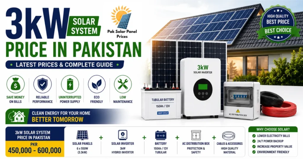 3kW solar system price in Pakistan with inverter, battery, solar panels and complete installation kit.
