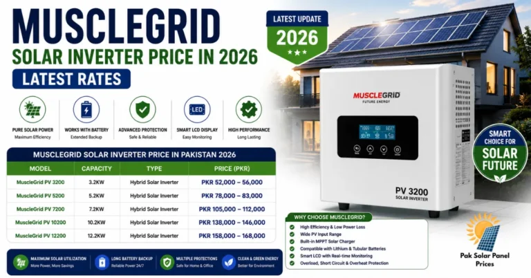 MuscleGrid Solar Inverter Price in Pakistan 2026 with PV 3200, PV 5200, PV 7200, PV 10200, and PV 12200 models.