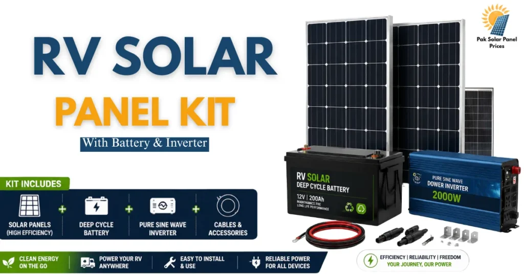 RV solar panel kit with battery and inverter installed on camper roof
