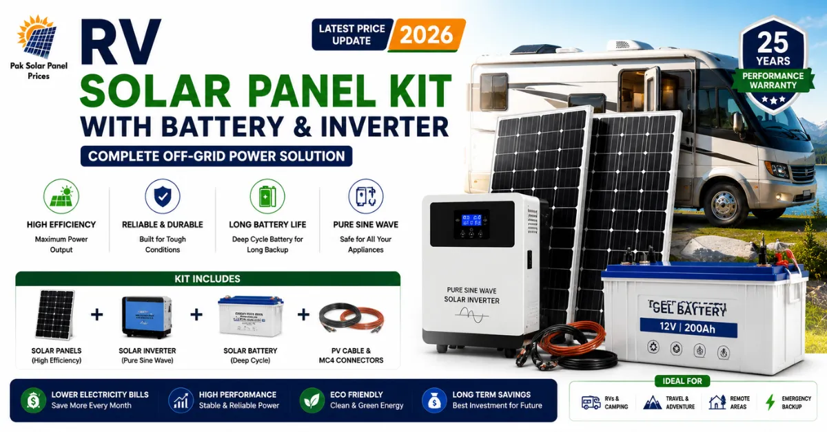 RV solar panel kit with battery and inverter for off-grid camping, motorhomes and travel power solutions