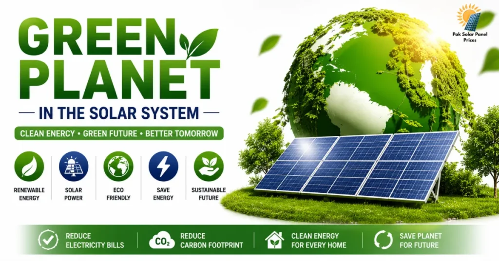 Eco-friendly green planet with solar panels and clean renewable energy.