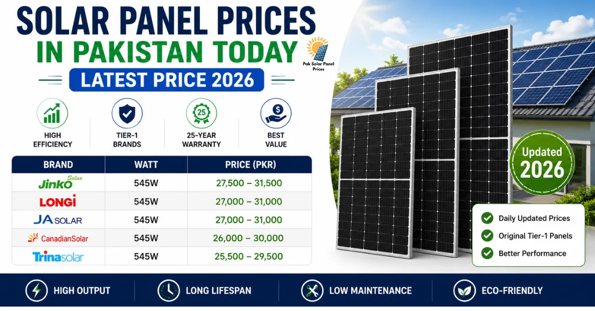 Solar panel prices in Pakistan today featuring latest 2026 price list of top Tier-1 solar brands