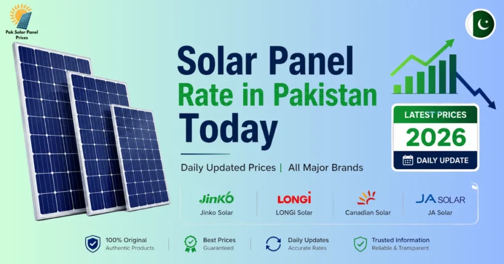 Solar panel rate in Pakistan today 2026 with updated prices of Jinko, LONGi, Canadian Solar, and JA Solar panels.