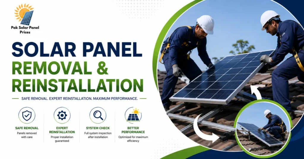 Professional solar panel removal and safe rooftop reinstallation by expert technicians.
