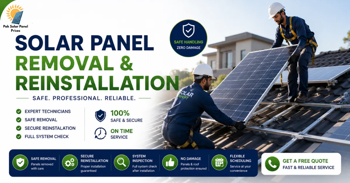 Solar panel removal and reinstallation service in Pakistan with safe panel handling and professional installation.