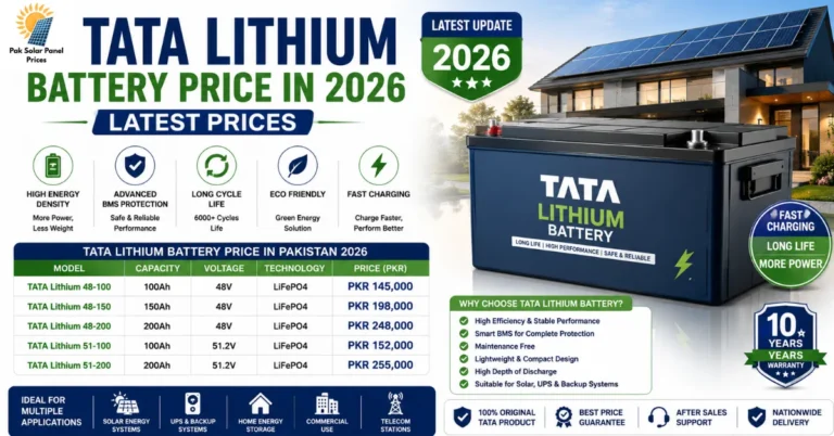 Tata Lithium Battery Price in Pakistan 2026 latest price list with 48V 100Ah, 150Ah, 200Ah and LiFePO4 battery specifications.